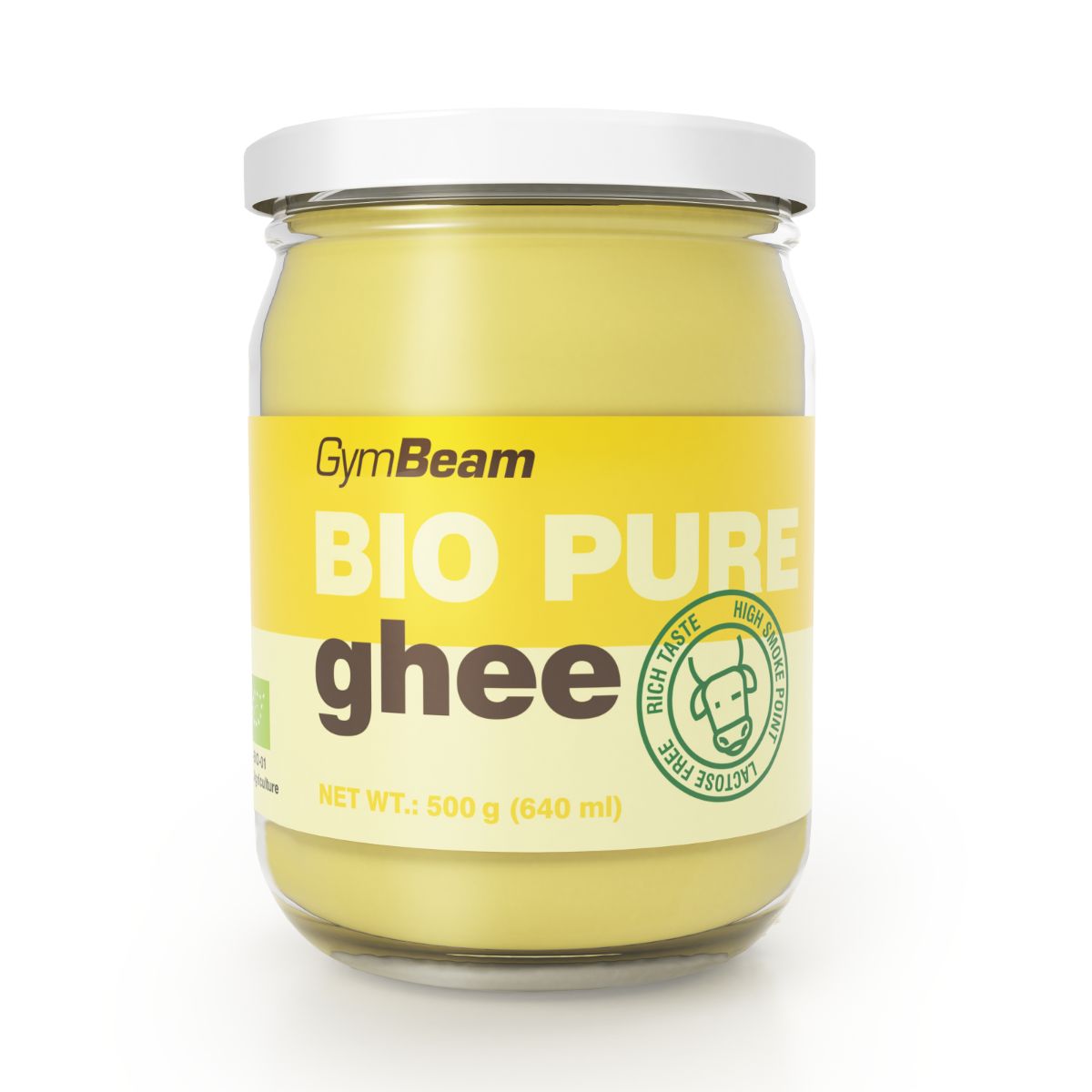 GymBeam Bio Ghee Butterfett in einem Glasbehälter mit weißem Deckel und gelbem Etikett.