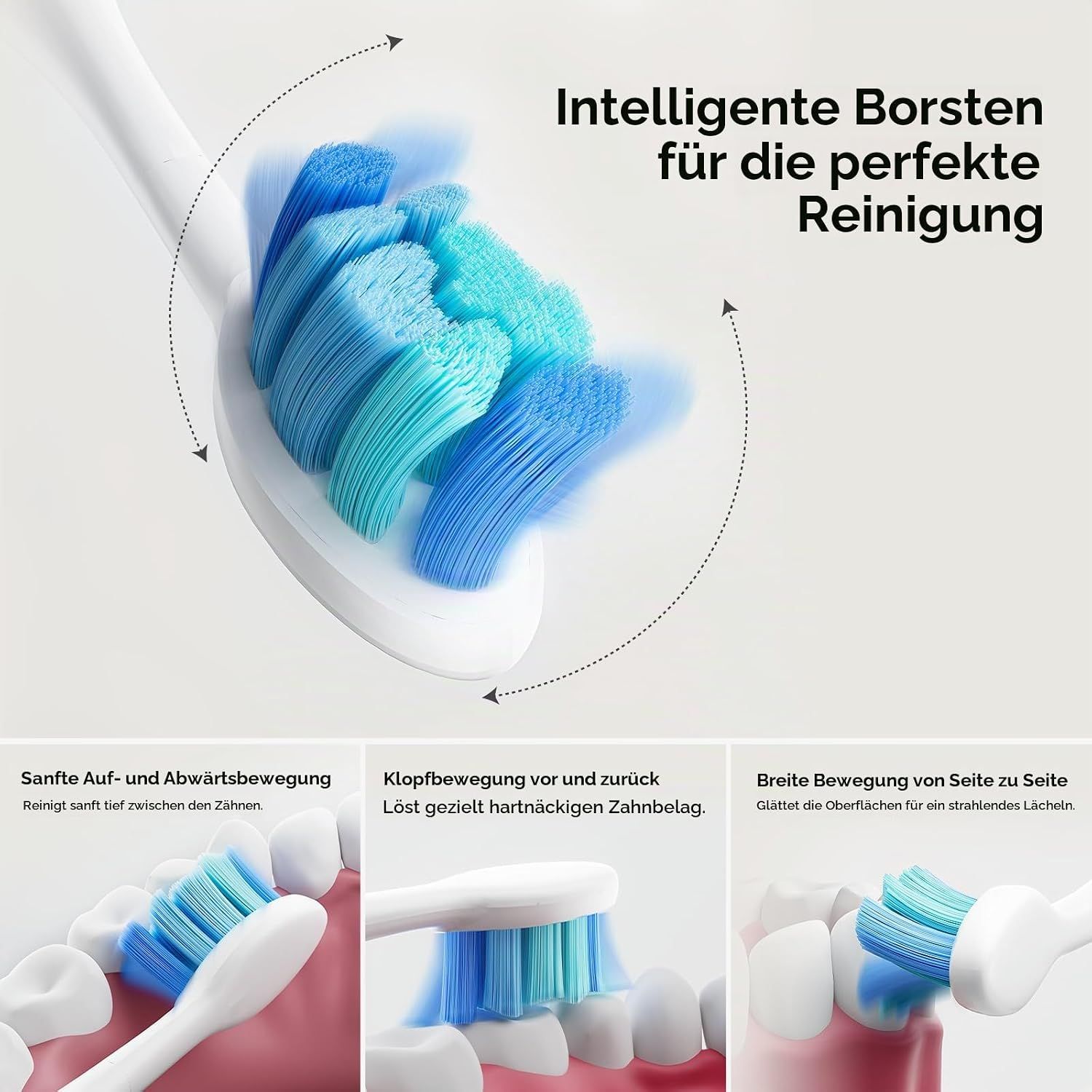 Beige elektrische Zahnbürste mit 5 Modi: Weiß, Reinigen, Sanft, Massage, Polieren.