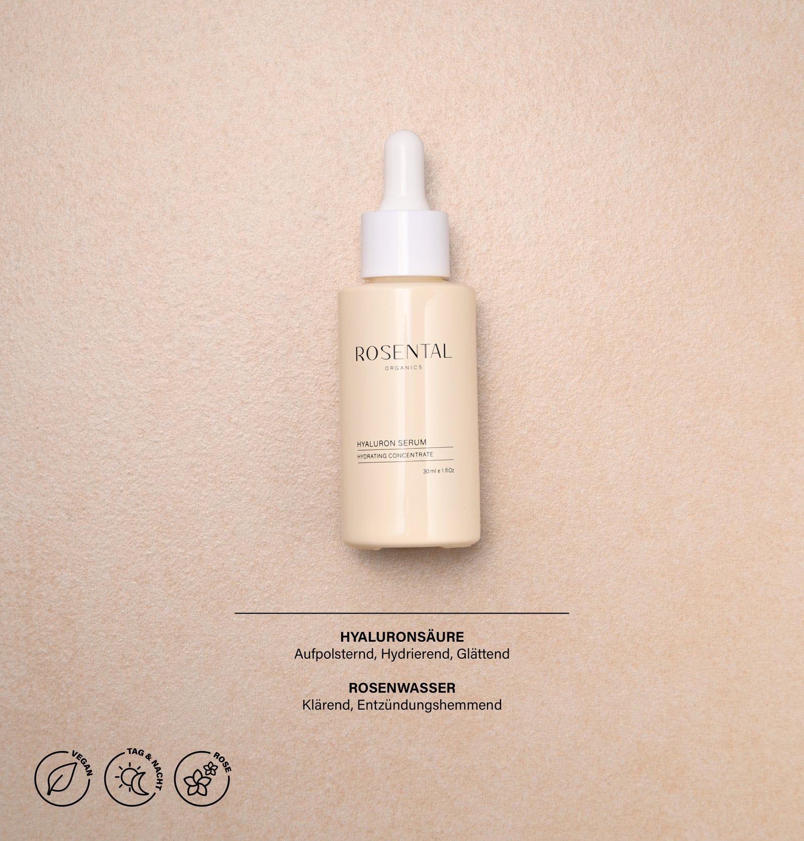 Beige Flasche mit Pipette. Aufschrift: ROSENTAL, Hyaluronsäure. Text darunter. Vegan- und Naturkosmetik-Siegel.