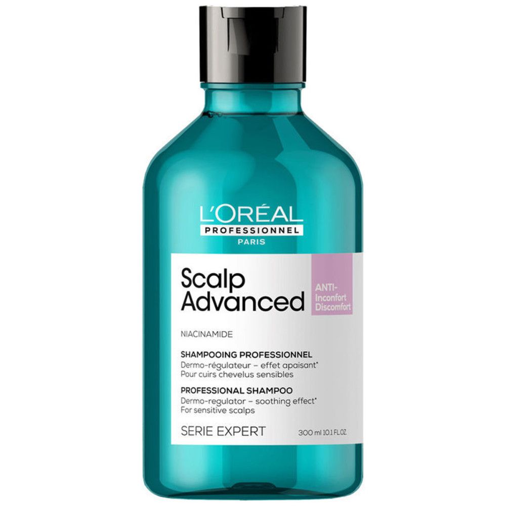 Türkisgrüne Flasche mit schwarzem Deckel. Text: L'Oréal Professionnel Scalp Advanced. Produktname und Inhaltsstoffe.