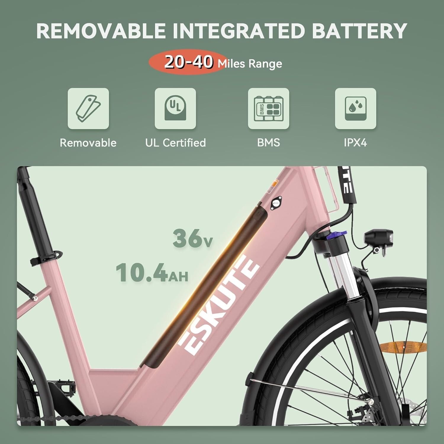 Nahaufnahme des Rahmens eines rosa Elektrofahrrads. Zeigt die Batterie mit 36V und 10,4Ah. Marke ESKUTE. Text: Removable Integrated Battery.