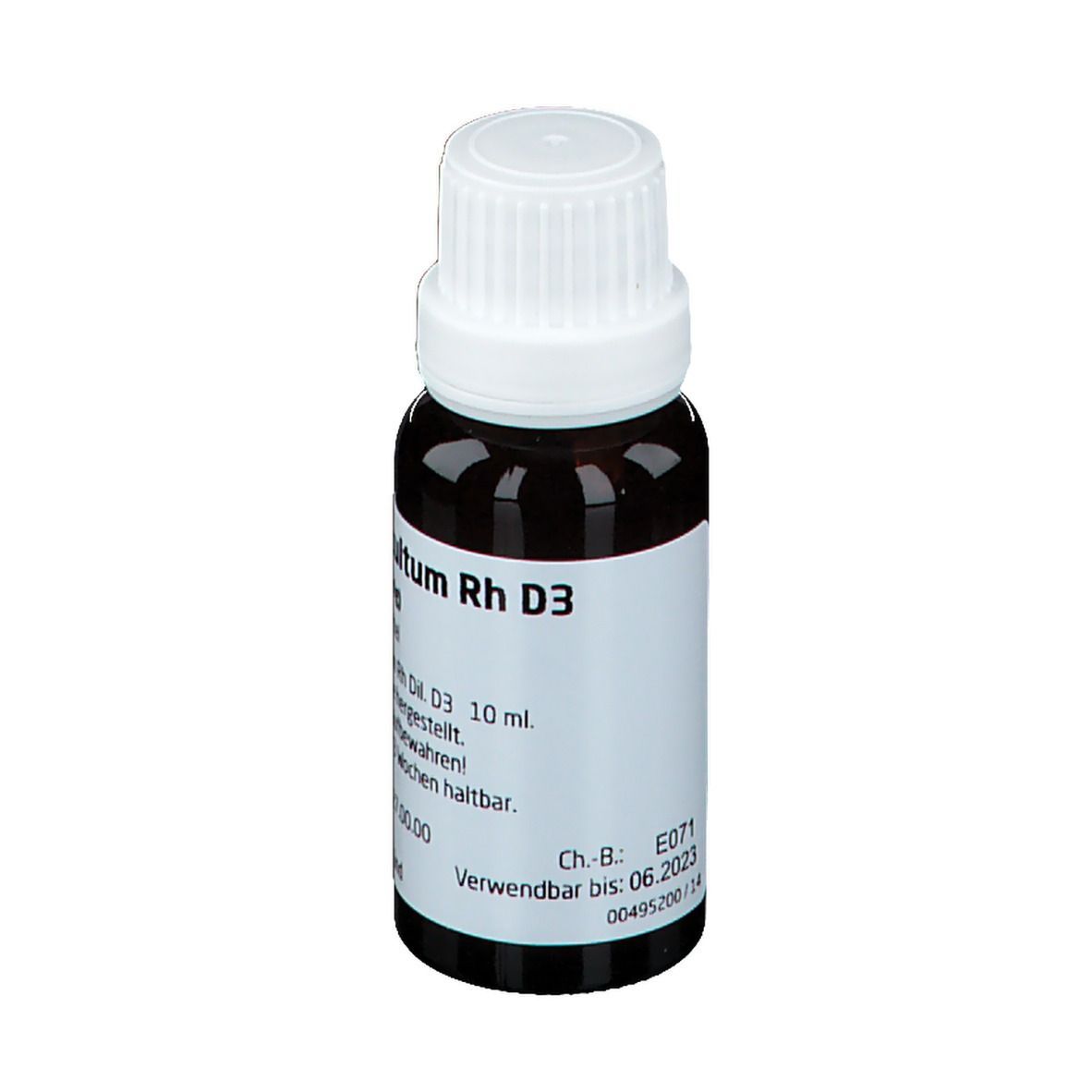 Braune Glasflasche mit weißem Deckel. Etikett mit Text: Tabacum Cupro cultum Rh D3 10 ml. Verwendbar bis 06.2023.