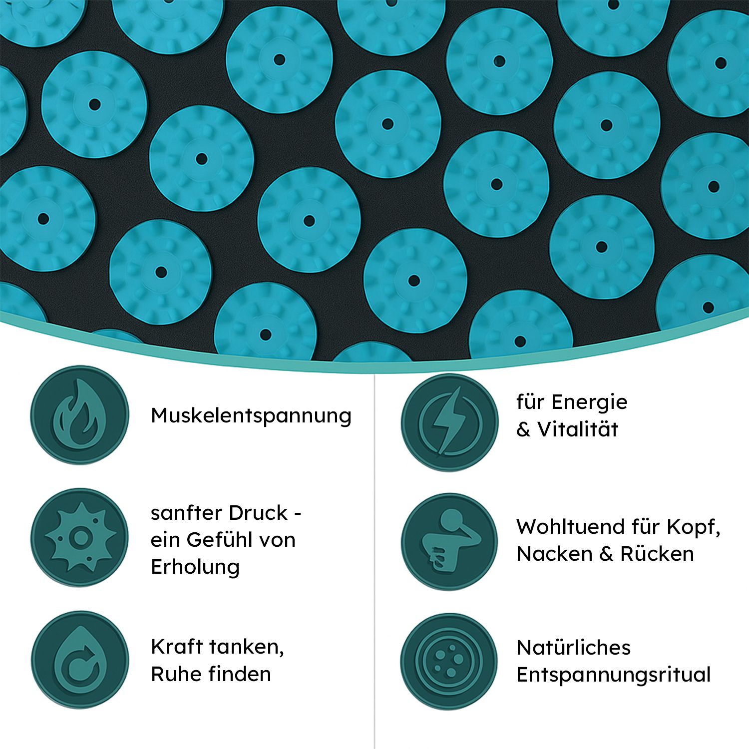 Grafische Darstellung mit Symbolen und Texten. Texte: Muskelentspannung, für Energie & Vitalität, sanfter Druck - ein Gefühl von Erholung, wohltuend für Kopf, Nacken & Rücken, Kraft tanken, Ruhe finden, Natürliches Entspannungsritual.