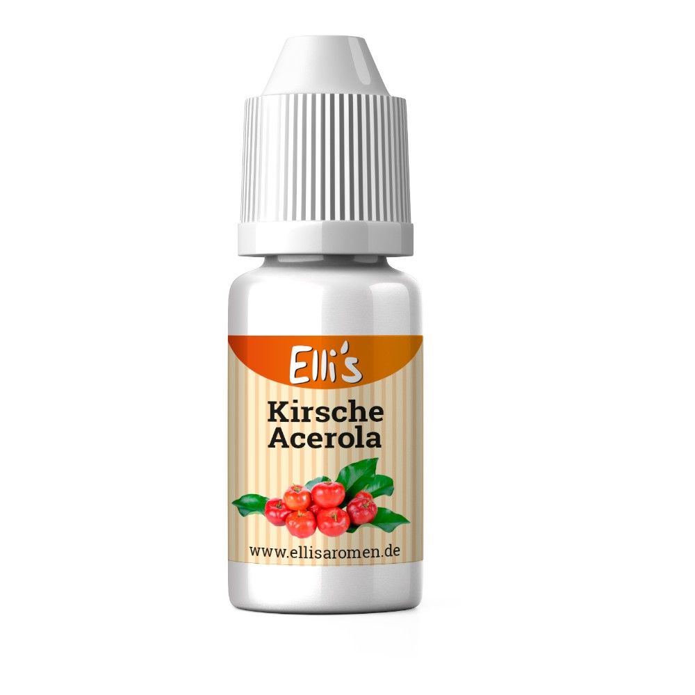 Weiße Flasche mit Etikett. Aufschrift: Elli's Kirsche Acerola. Abbildung von Kirschen und Blättern. www.ellisaromen.de.