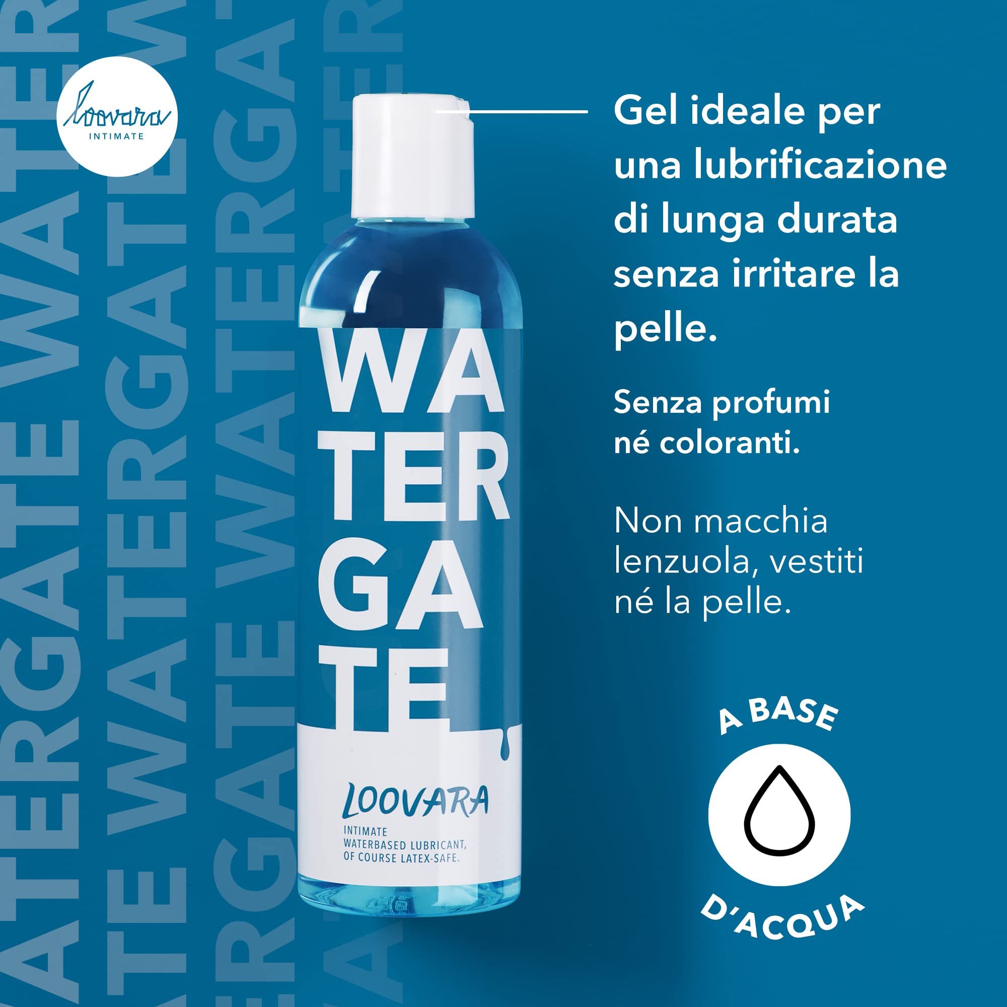 Loovara Watergate Gleitgel-Flasche, transparent mit blauem Etikett, 250 ml.