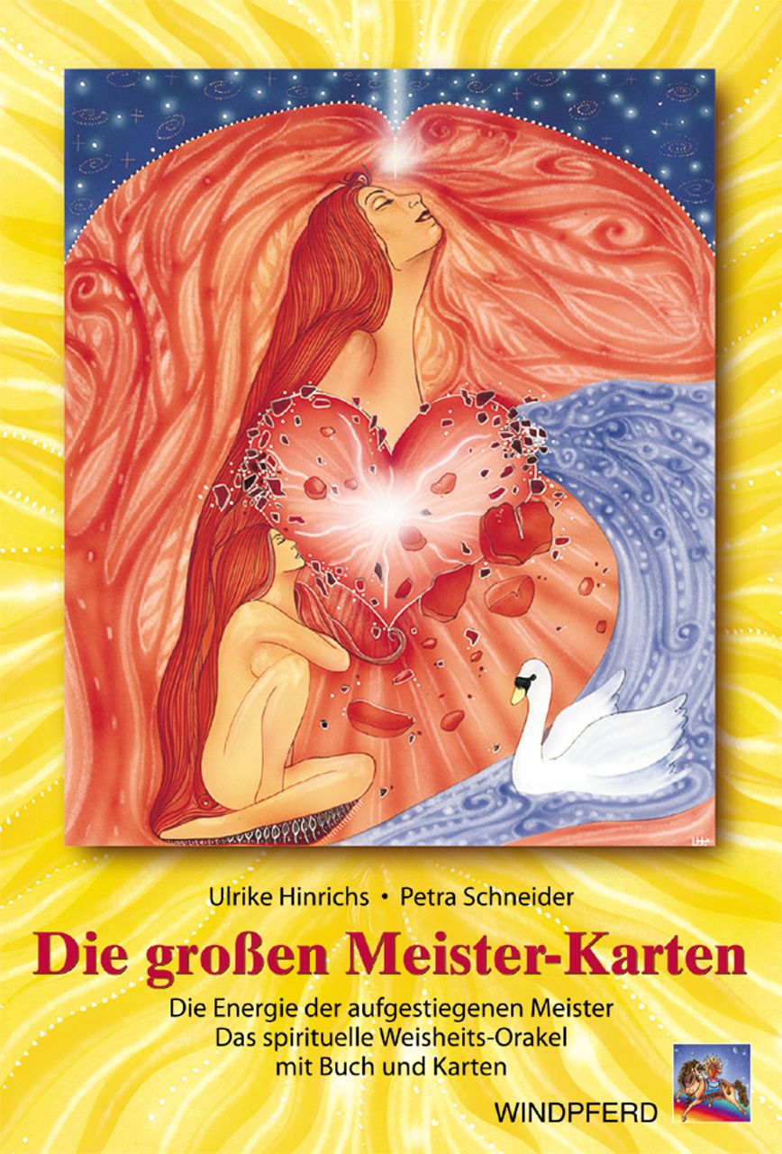 Buchcover mit Illustration. Titel: Die großen Meister-Karten. Autoren: Ulrike Hinrichs, Petra Schneider. Abbildung: Frau mit Herz, Schwan.