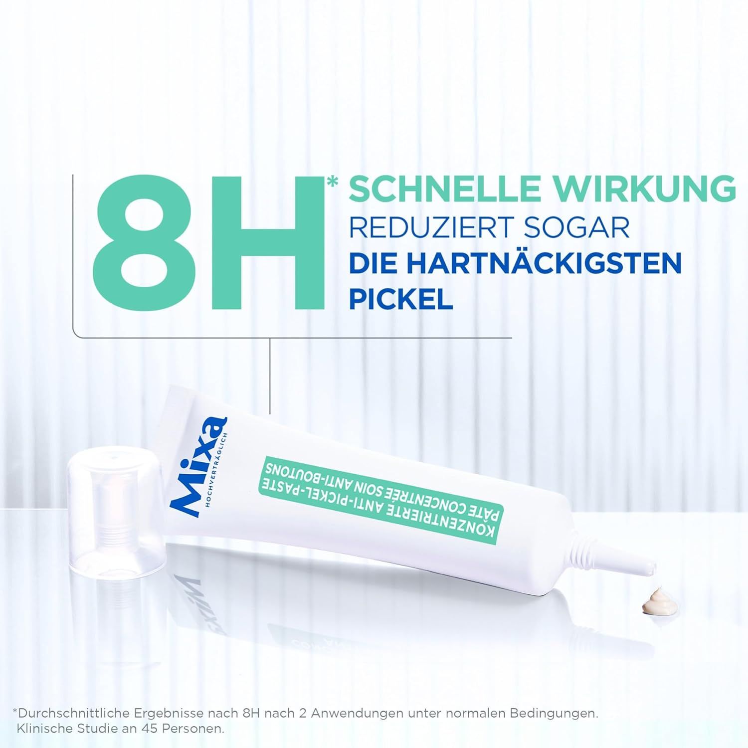 Weiße Tube Mixa. Konzentrierte Anti-Pickel-Paste. Text: Schnelle Wirkung. Reduziert hartnäckige Pickel in 8 Stunden.