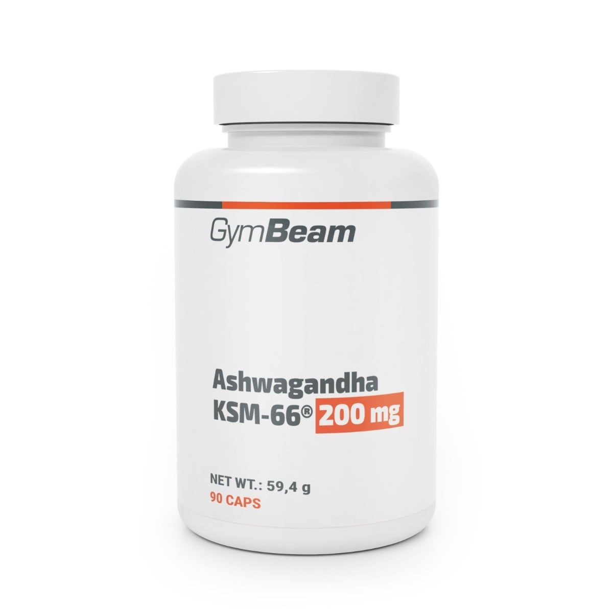 Weiße Dose mit GymBeam Logo. Enthält Ashwagandha KSM-66 200 mg Kapseln, 90 Stück.