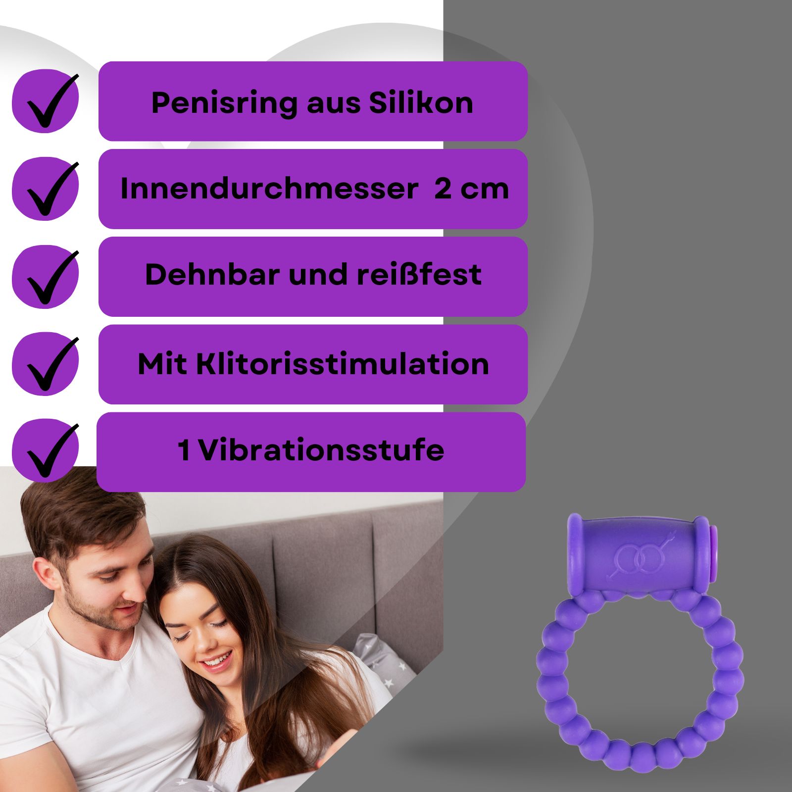 Paar im Bett, Penisring mit Text: Penisring aus Silikon, dehnbar, mit Klitorisstimulation.