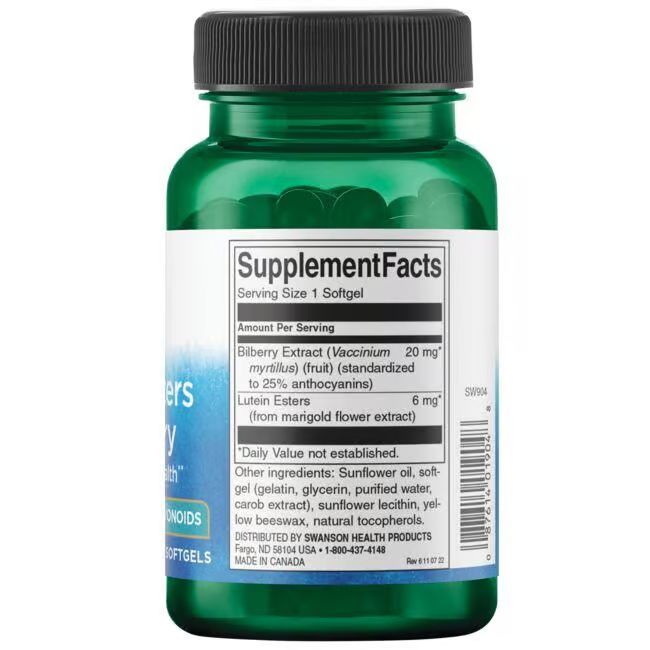 Rückseite der grünen Flasche Swanson Lutein Esters & Heidelbeere. Etikett mit Nährwertangaben und Inhaltsstoffen.