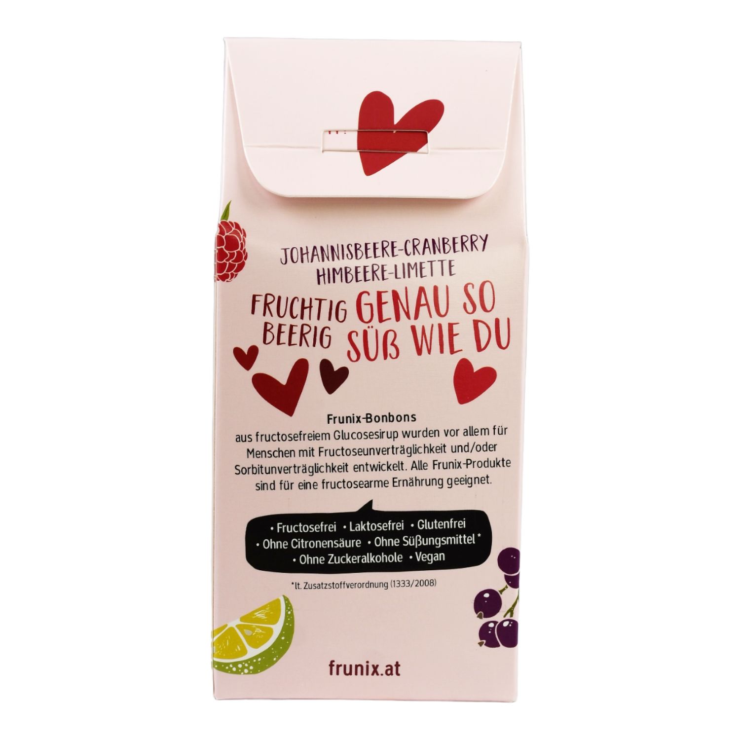 Bonbon-Verpackung mit Aufschrift: Johannisbeere-Cranberry Himbeere-Limette. Text: Fruchtig genau so beerig süß wie du. Angaben zu Inhaltsstoffen.