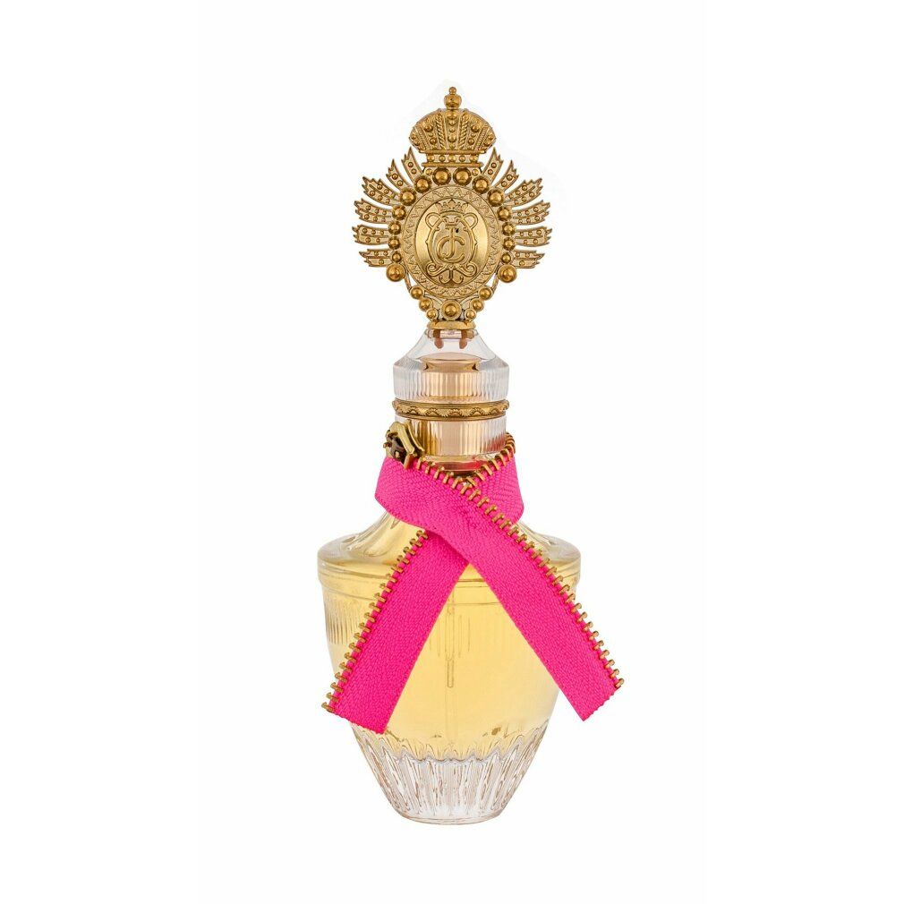 Parfümflasche mit goldfarbenem Verschluss und rosa Schleife. Flakon mit goldfarbenen Details.