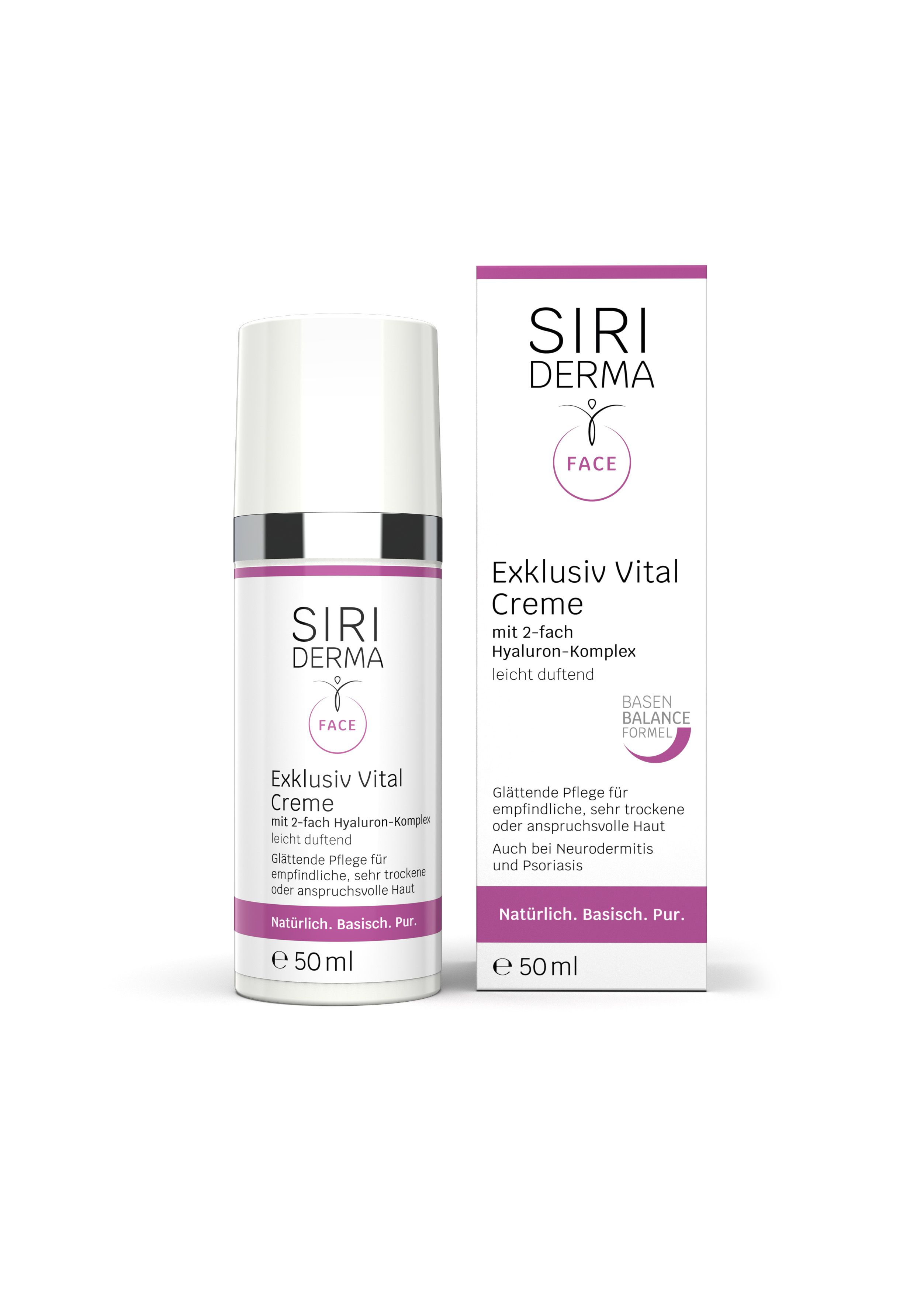 Creme-Flakon und Schachtel. Aufschrift: SIRI DERMA Exklusiv Vital Creme. Enthält 2-fach Hyaluron-Komplex. Für empfindliche Haut. 50 ml.