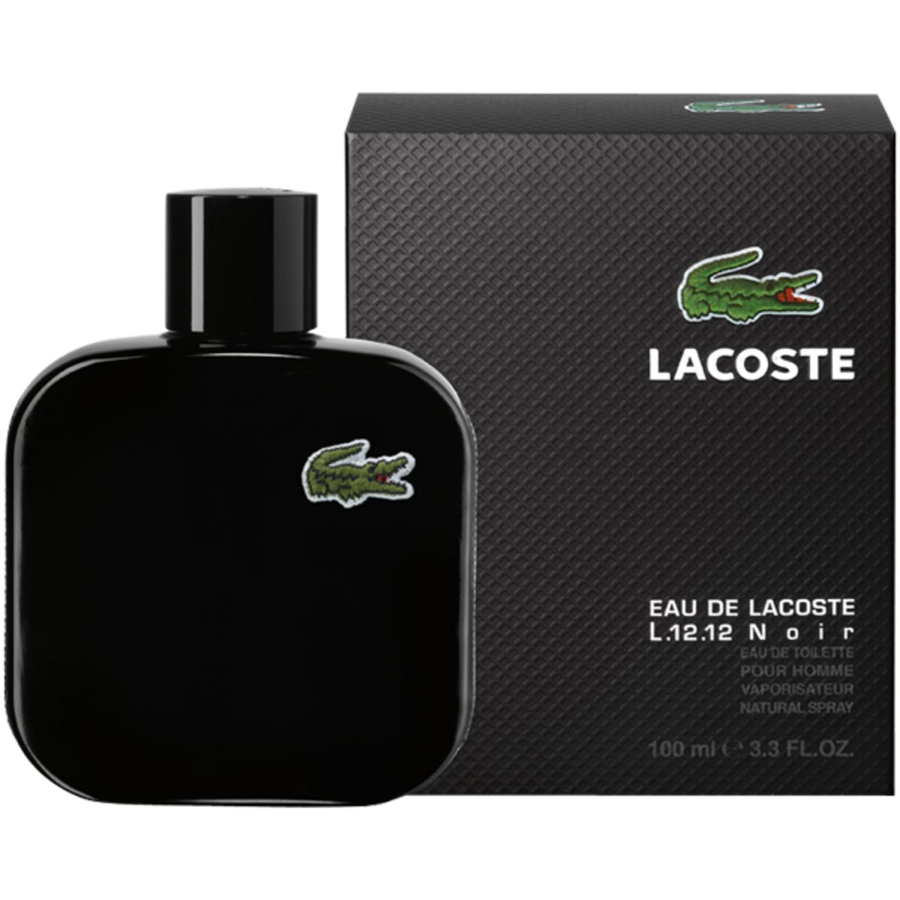 Schwarzer Flakon. Lacoste-Krokodil-Logo. Schwarzer Deckel. Abgerundete Form. Eau de Lacoste L.12.12 Noir.