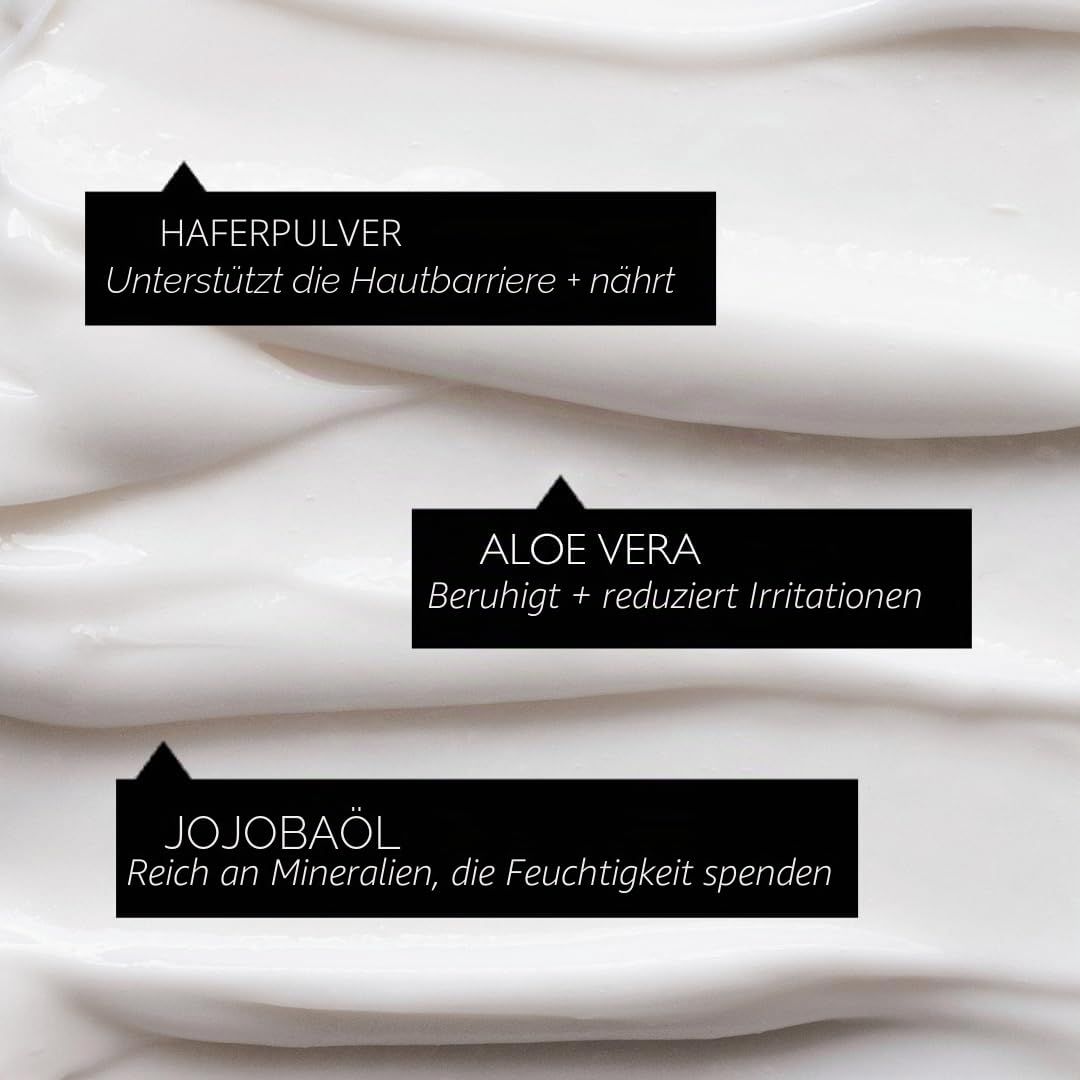 Inhaltsstoffe: Haferpulver, Aloe Vera, Jojobaöl für Hautpflege.