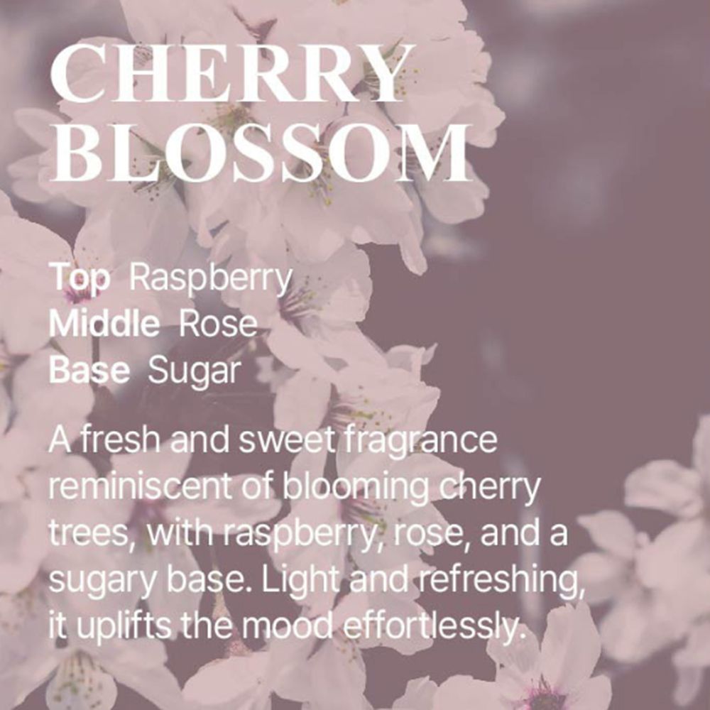 Text über Cherry Blossom. Beschreibt Duftnoten: Himbeere, Rose, Zucker. Beschreibt einen frischen, süßen Duft, der an Kirschblüten erinnert.
