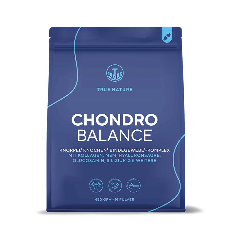 TRUE NATURE® Chondro Balance Kollagen Pulver in einem blauen Standbeutel mit Produktinformationen und Icons.