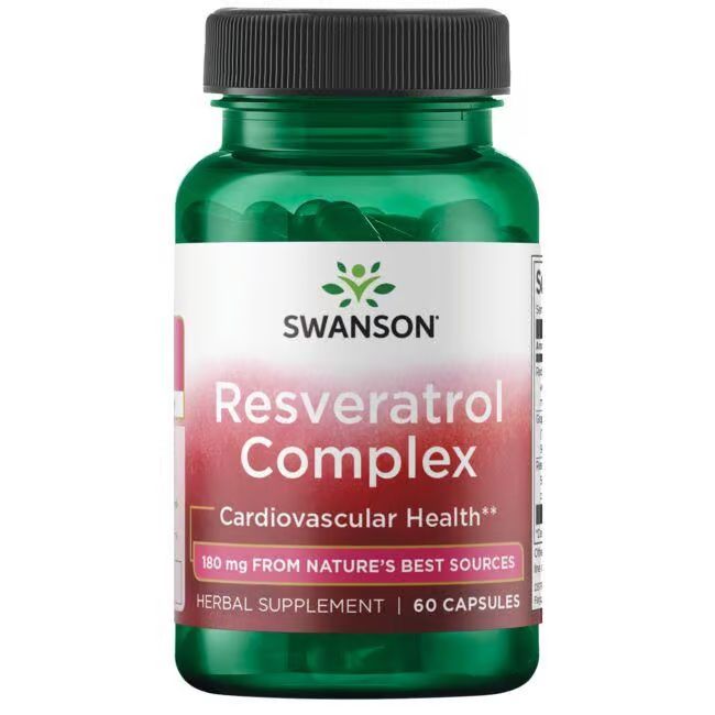 Grüne Flasche mit schwarzen Kapseln. Aufschrift: SWANSON Resveratrol Complex. 60 Kapseln. Herbal Supplement.