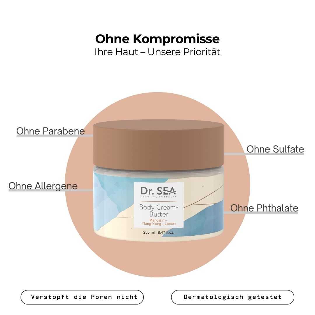 Produkt-Tiegel mit Text. Text: Ohne Parabene, Ohne Sulfate, Ohne Allergene, Ohne Phthalate. Dermatologisch getestet.