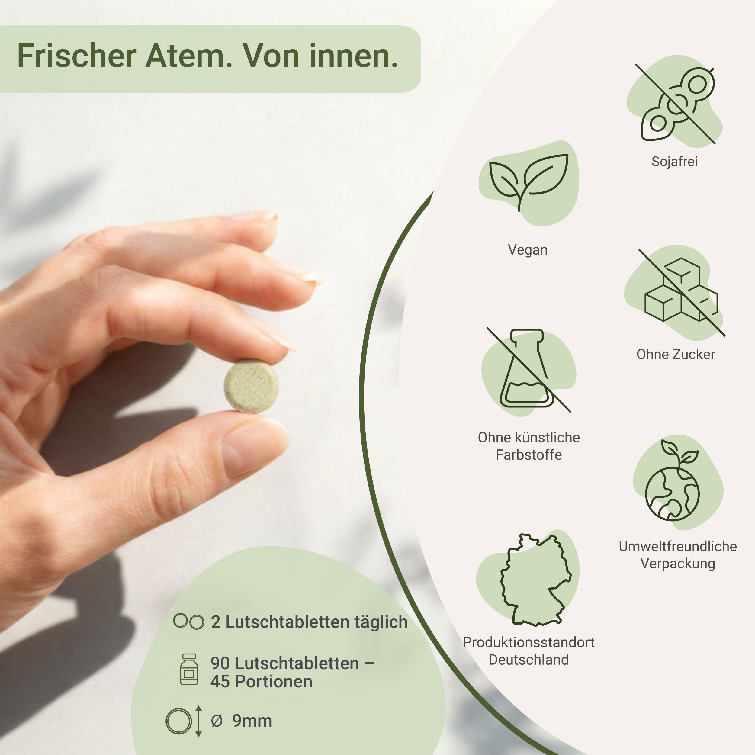 Hand hält eine Probio Mundflora Lutschtablette, daneben Icons zu Produktmerkmalen.