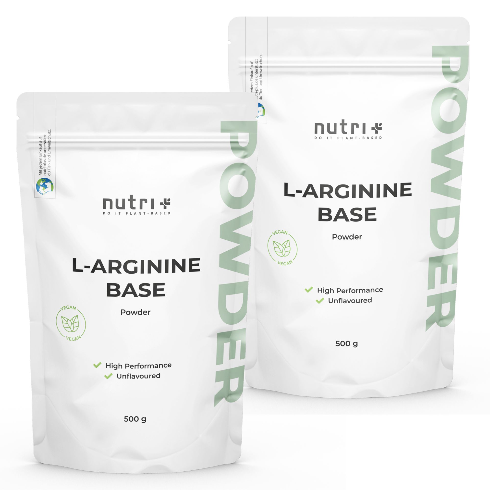 Zwei Beutel nutri+ L-Arginin Base Pulver. Aufdruck: L-Arginin Base, Powder, 500g, vegan.