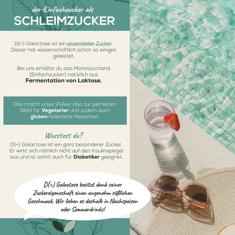 Glas Wasser mit Erdbeere, Sonnenbrille, Hut. Text: D(+) Galactose, der Einfachzucker. Geeignet für Diabetiker. Hintergrund: Schwimmbad.