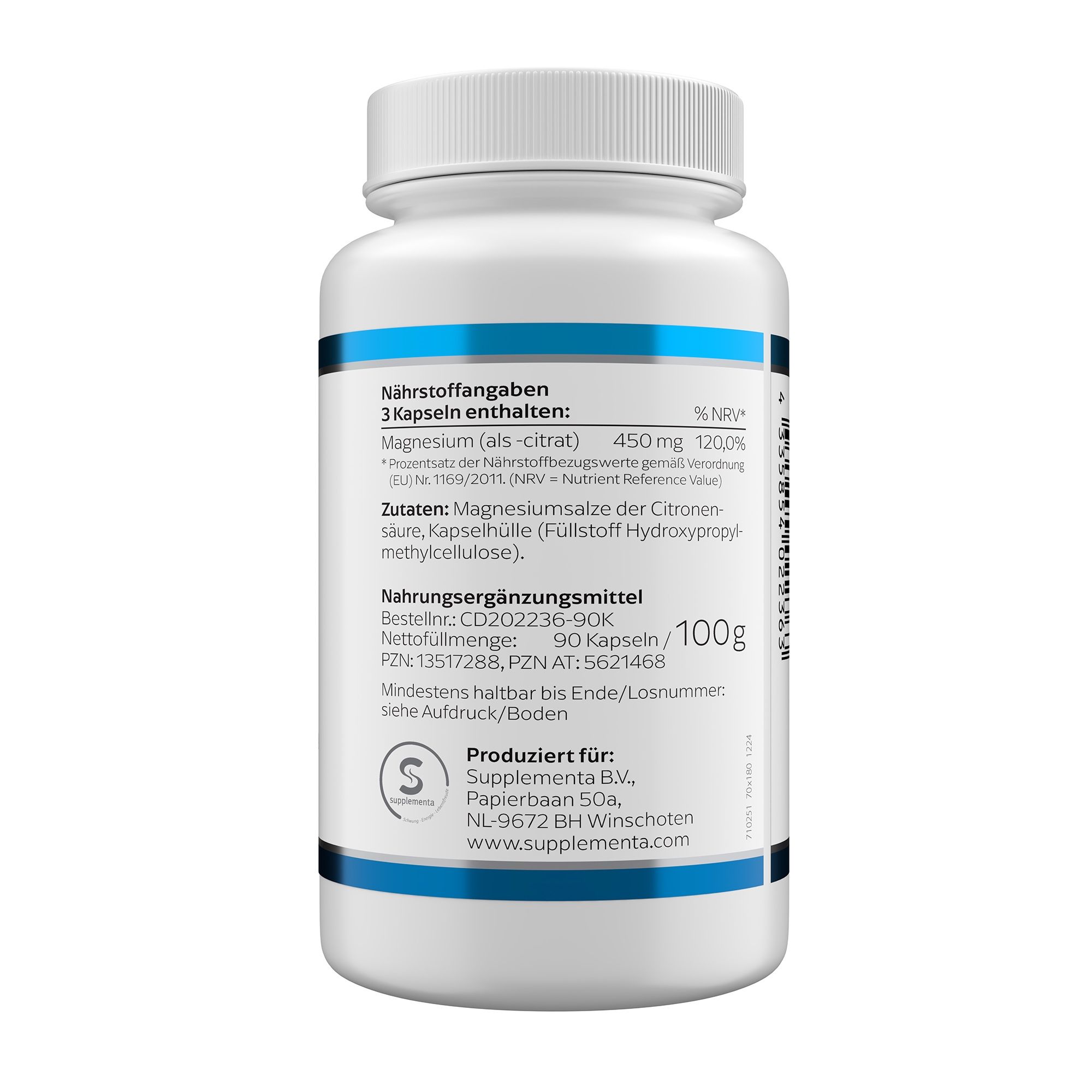 Rückseite der weißen Flasche. Enthält Nährwertangaben und Zutaten. Herstellerinformationen und Chargennummer.