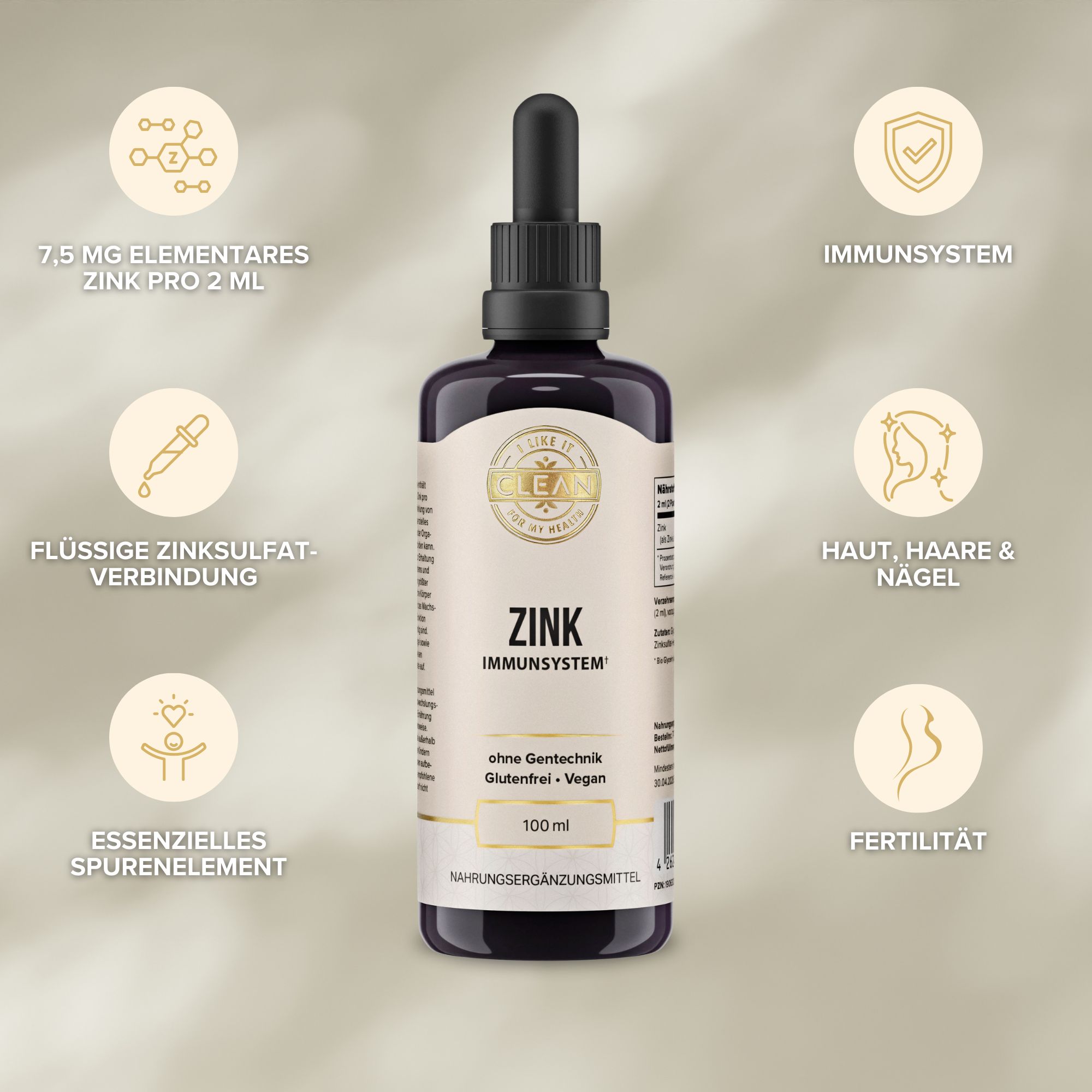 Braune Flasche mit schwarzem Deckel und Pipette. Beschriftung: Zink, Immunsystem. Zusätzliche Informationen und Icons.