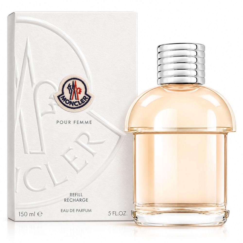 Moncler Pour Femme Eau de Parfum, 150 ml. Glasflakon mit silbernem Verschluss und weißer Kartonverpackung.