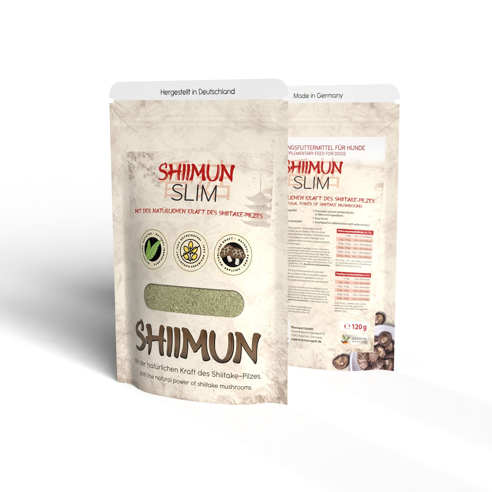 Zwei Beutel. Vorderseite: SHIIMUN SLIM. Rückseite: Text und Tabelle. Hergestellt in Deutschland. 120g.