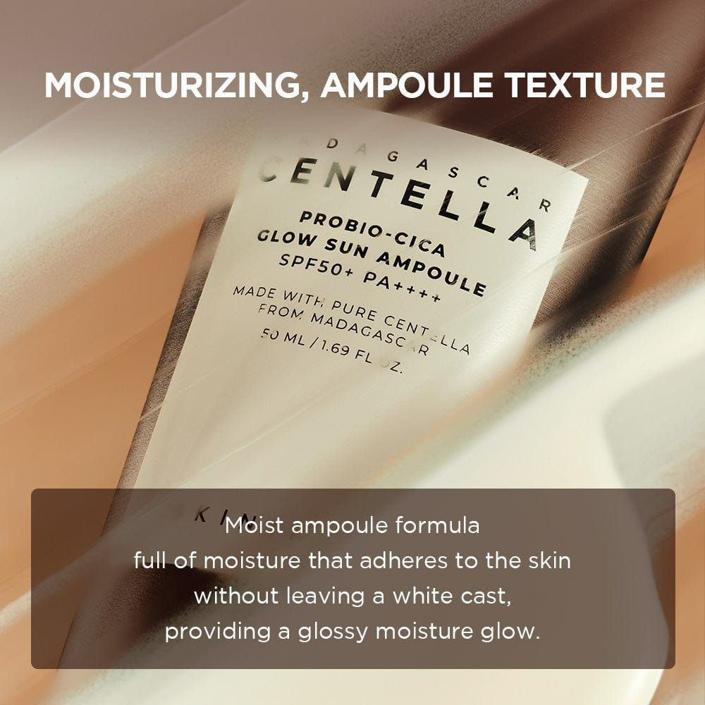 Produktetikett. Text: MADAGASCAR CENTELLA, PROBIO-CICA GLOW SUN AMPULLE SPF50+ PA++++. Feuchtigkeitsspendend.