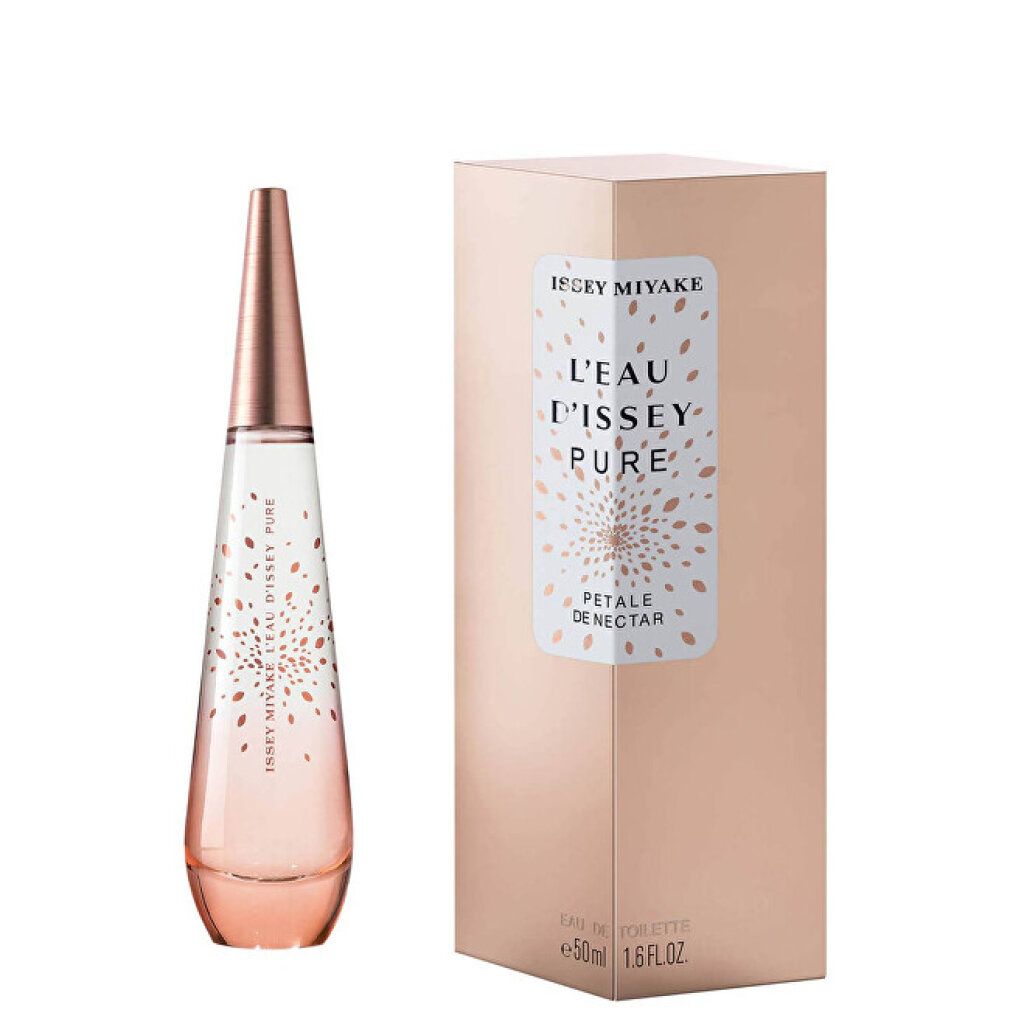 Parfümflakon und -karton. Flakon tropfenförmig, rosa Farbverlauf. Karton beige, mit Aufschrift: Issey Miyake L'Eau d'Issey Pure.