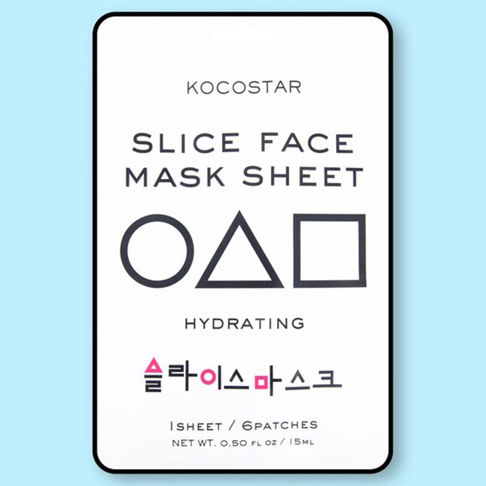 Verpackung mit KOCOSTAR-Gesichtsmaske. Schwarze Umrandung, weißer Hintergrund. Text: Slice Face Mask Sheet, Hydrating, koreanischer Text, 6 Patches.