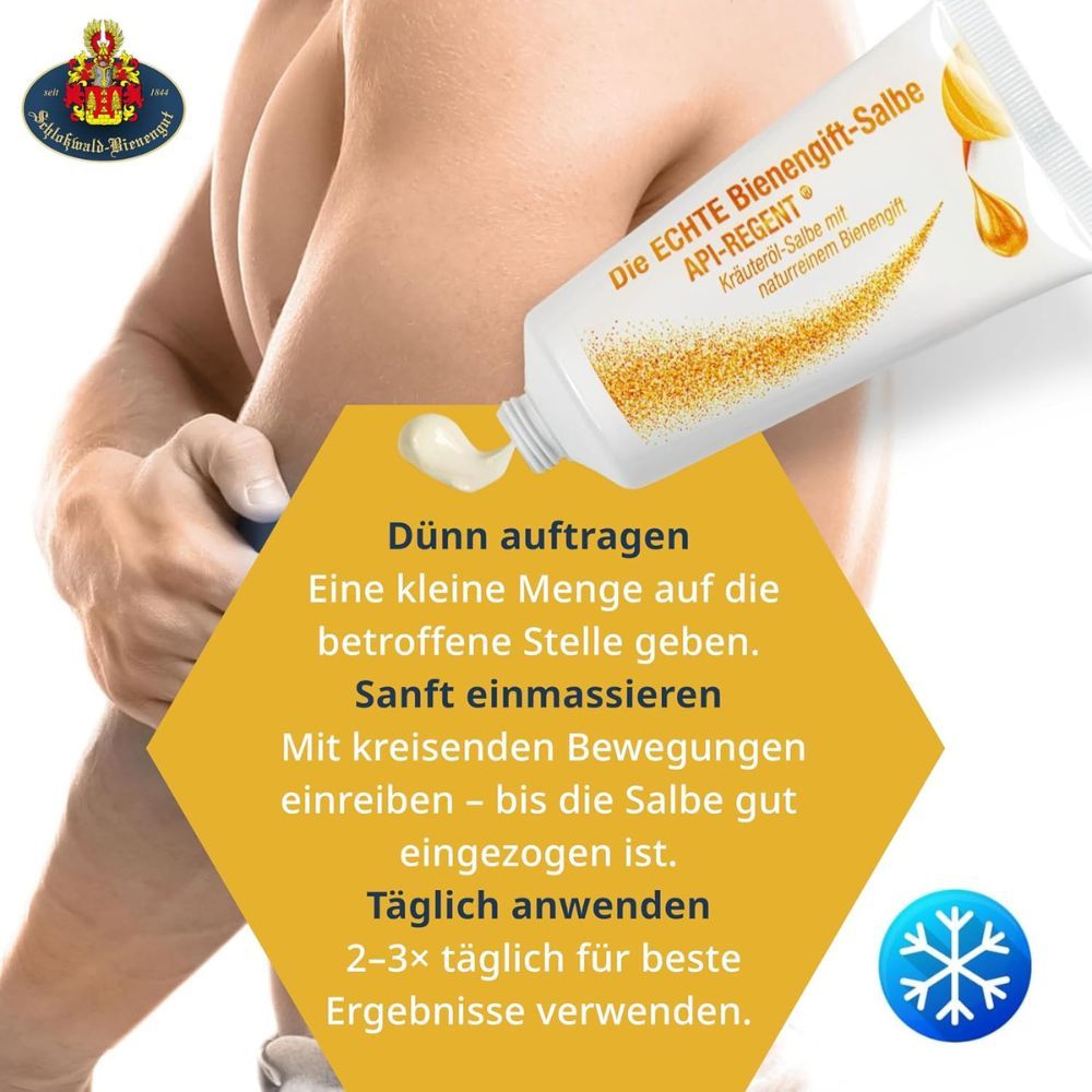 Anwendungsbeispiel. Produkt und Text. Text: Die ECHTE Bienengift-Salbe, dünn auftragen, sanft einmassieren, täglich anwenden.