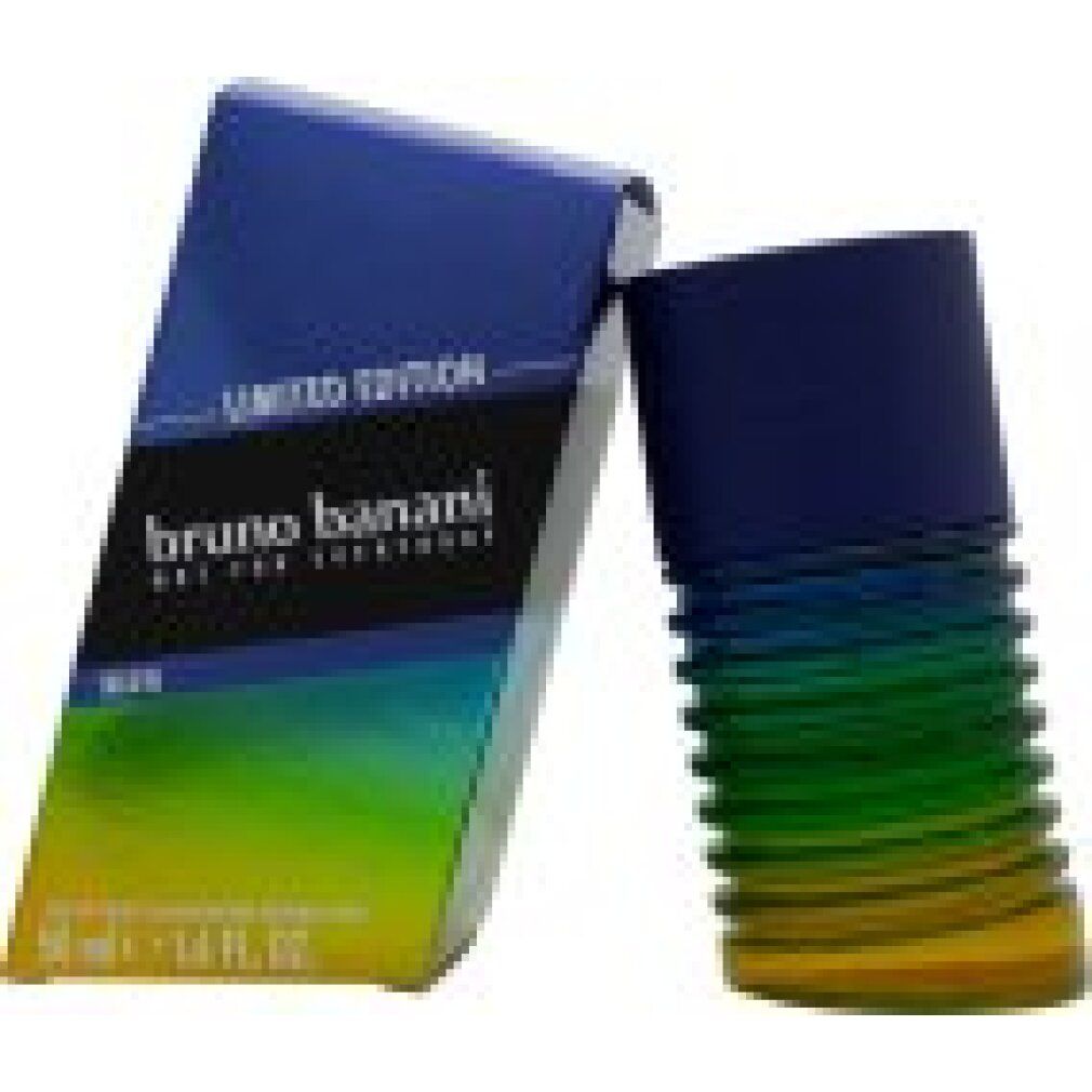 Blau-gelbe Schachtel und Flakon. Aufschrift "bruno banani". Flakon in Regenbogenfarben.