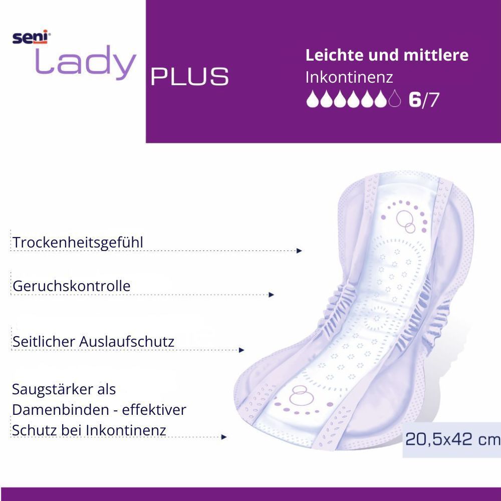 Seni Lady Plus. Produkt mit Merkmalen und Größenangabe. Text: Leichte und mittlere Inkontinenz. Abbildung des Produkts.