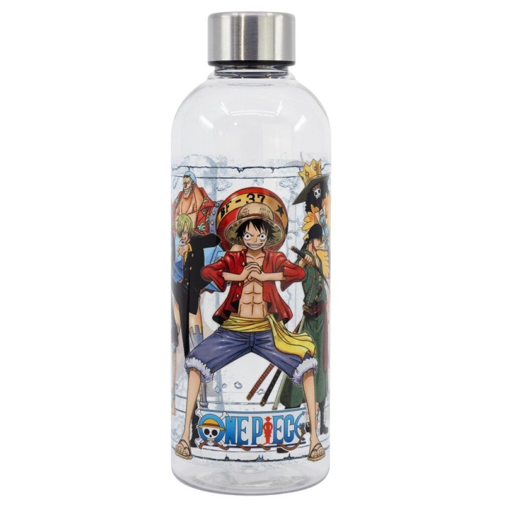 Transparente Trinkflasche mit Anime-Figuren. Edelstahl-Schraubverschluss. Mehrfarbige Illustrationen von Anime-Charakteren.
