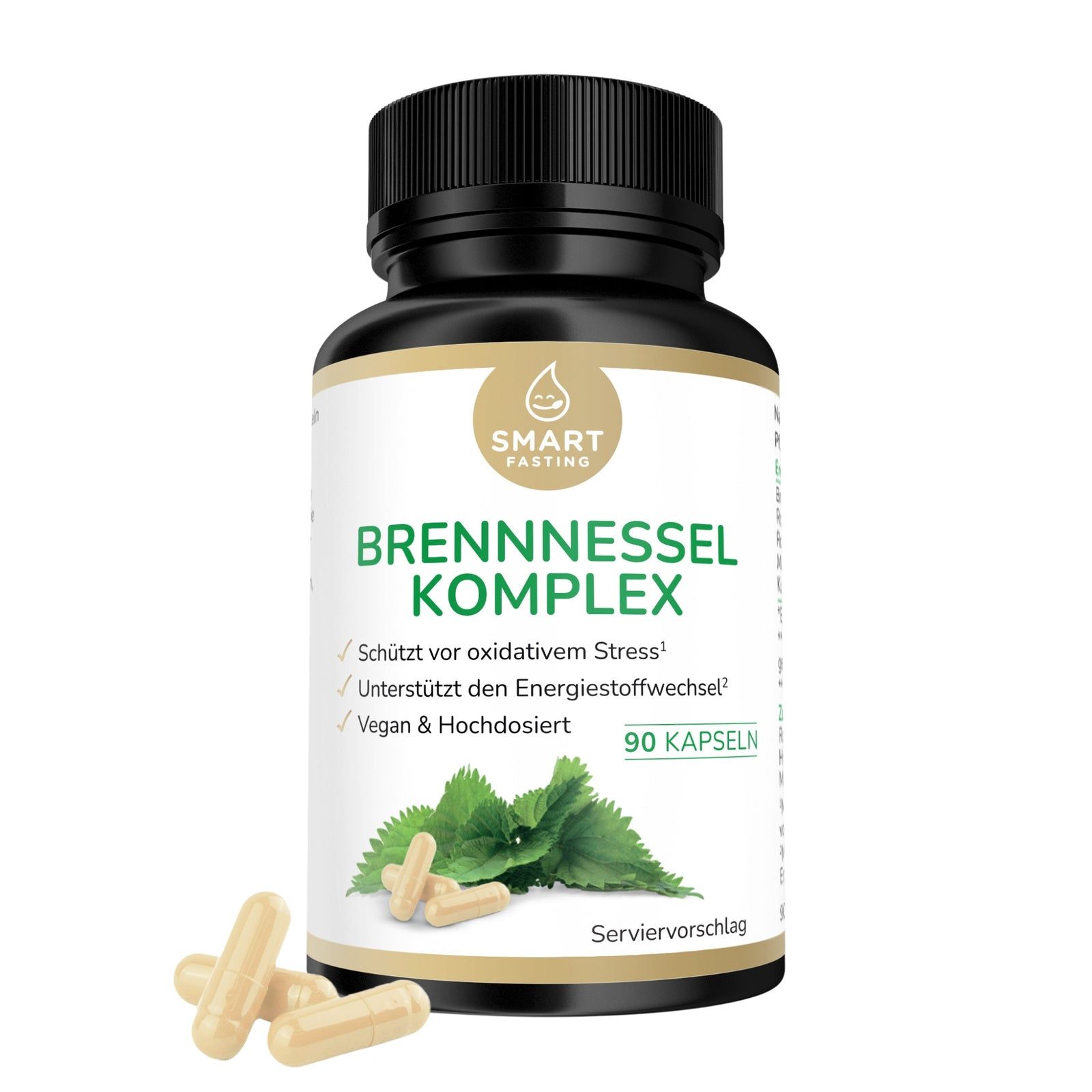 Braune Kapseln neben einer Flasche mit schwarzem Deckel. Auf der Flasche steht "BRENNNESSEL KOMPLEX" und "90 KAPSELN".