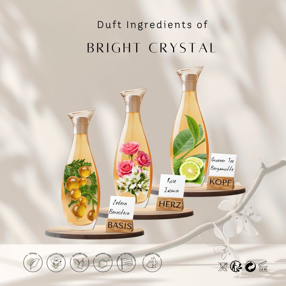 Drei Flakons mit Inhaltsstoffen. Text: "Duft Ingredients of BRIGHT CRYSTAL". Notizen: Zeder, Rose, Grüner Tee. Aufschrift "Kopf, Herz, Basis".