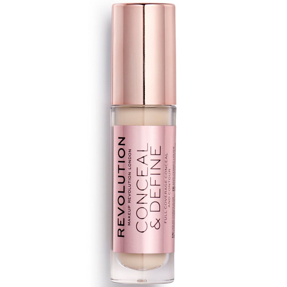 Concealer-Tube mit roségoldfarbenem Deckel. Aufkleber mit "REVOLUTION CONCEAL & DEFINE". Helle Farbnuance.