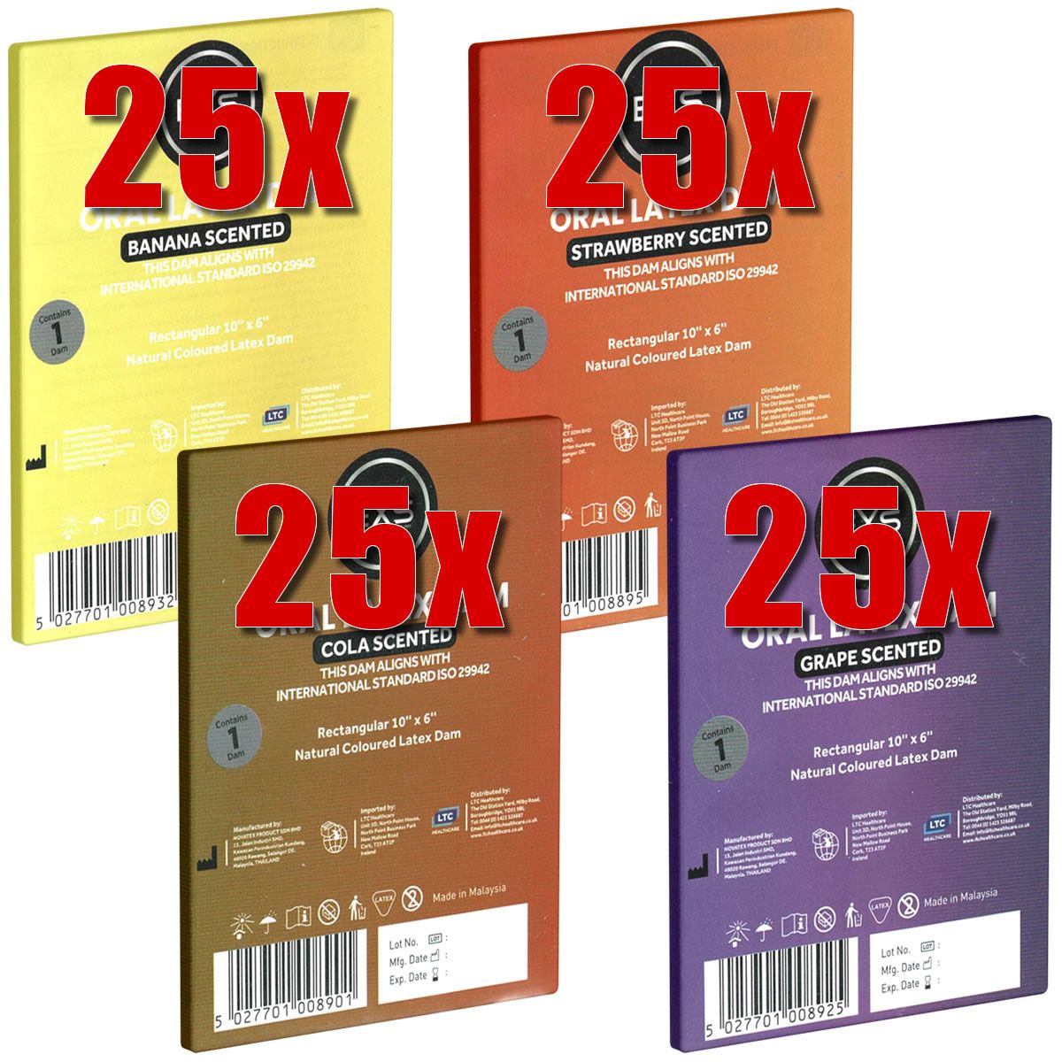 Vier Schachteln EXS Latex-Dämme. Auf jeder Schachtel steht "25x". Aromen: Banane, Erdbeere, Cola, Traube. Rechteckig, 10" x 6".
