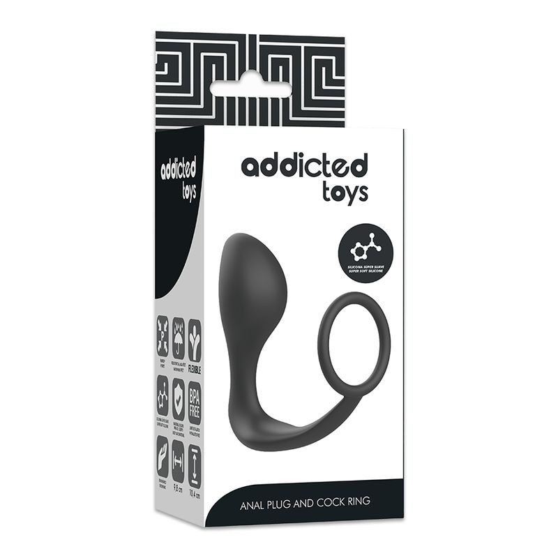 Verpackung mit schwarzem Analplug mit Ring. Marke Addicted Toys. Text: Anal Plug and Cock Ring.