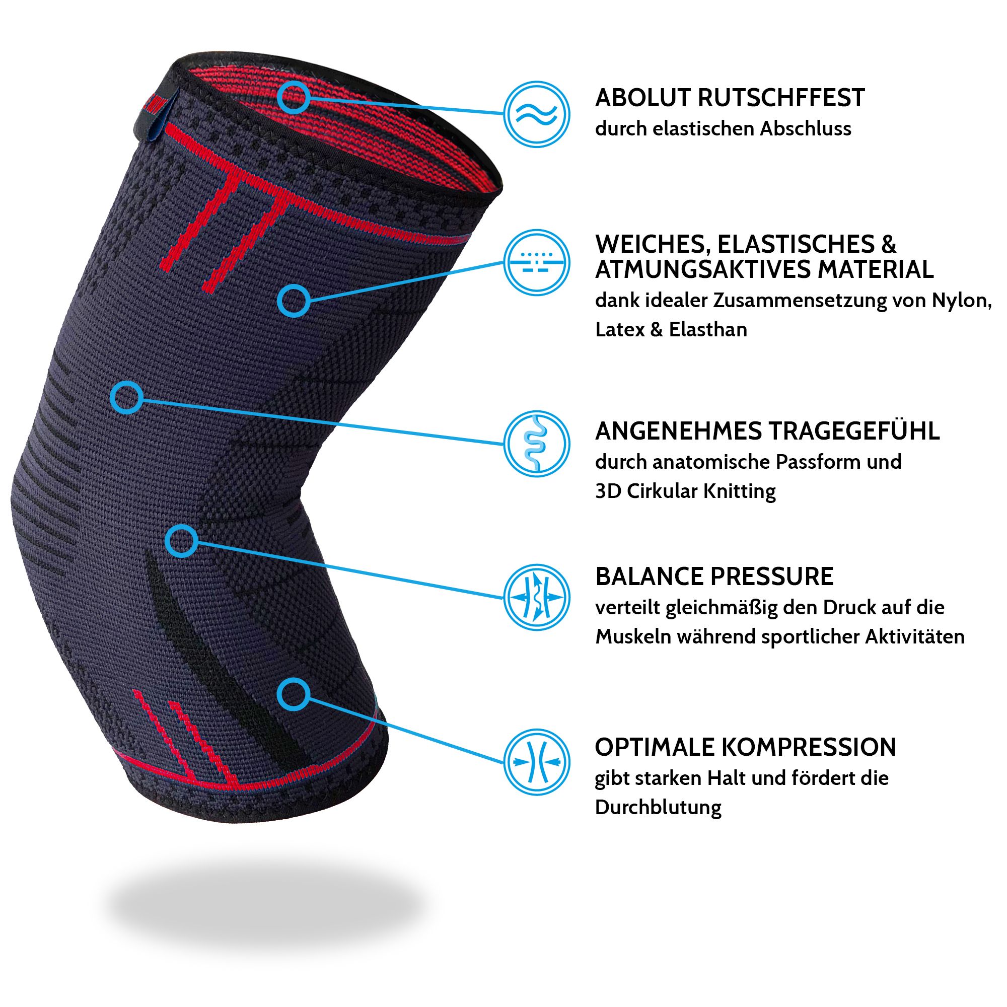 Ellenbogenbandage. Anthrazitfarben, mit roten Akzenten. Anatomische Passform. Material: Nylon, Latex, Elasthan. Eigenschaften: atmungsaktiv, elastisch.