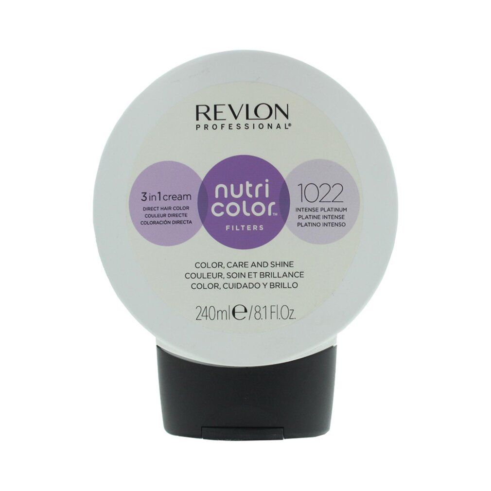 Haarfarbeprodukt von Revlon. Runde Tube mit schwarzem Deckel. Aufschrift: Nutri Color Filters 1022 Intense Platinum. 3-in-1-Creme.
