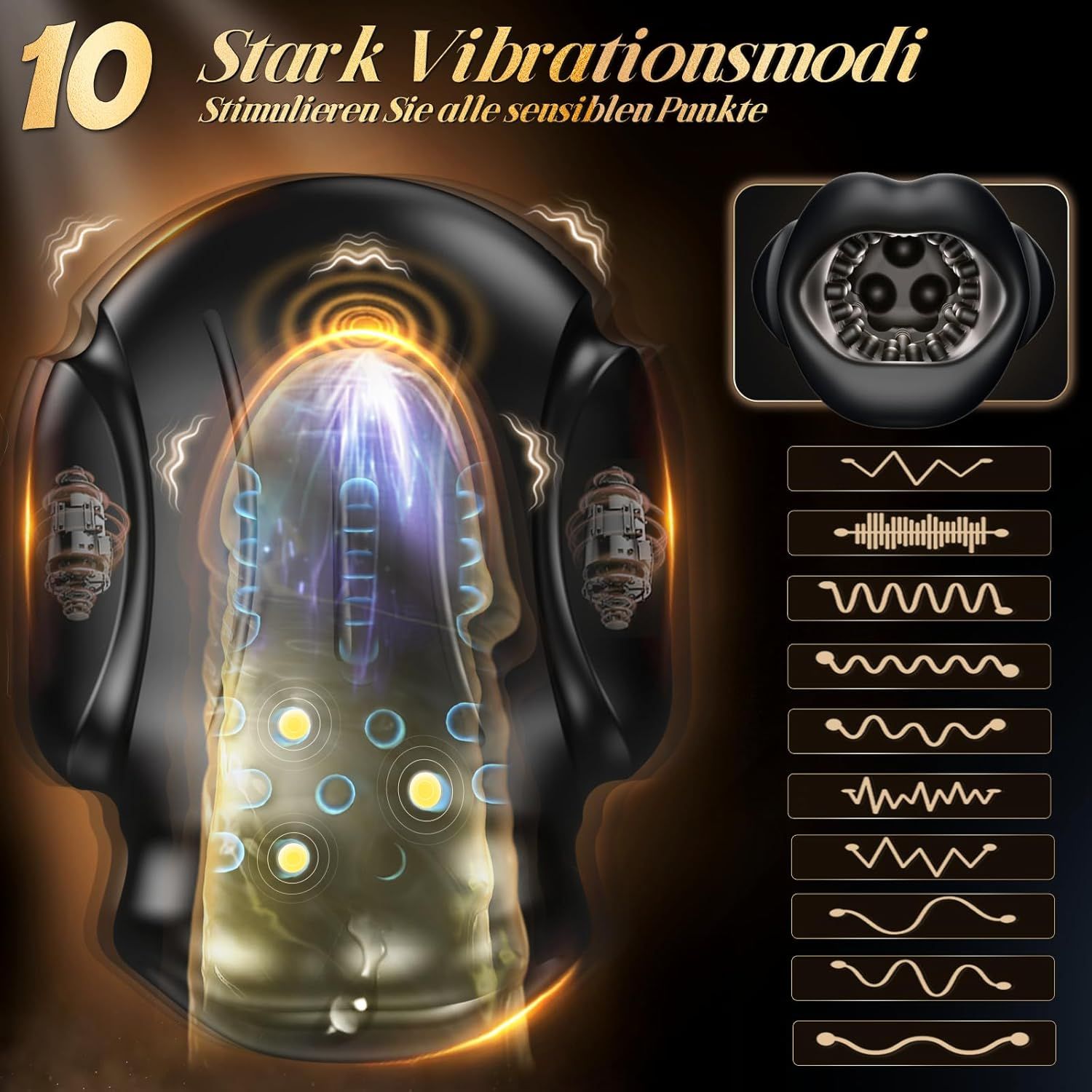 Schwarzer Mund-Vibrator mit 10 Vibrationsmodi und internen Noppen.