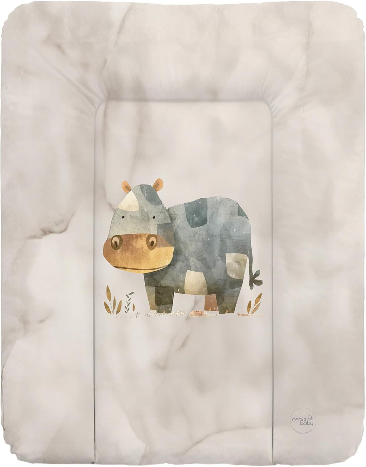 Weiche Wickelauflage mit Marmormuster und Nilpferd-Illustration. Abgerundete Form. Marke: Ceba Baby.