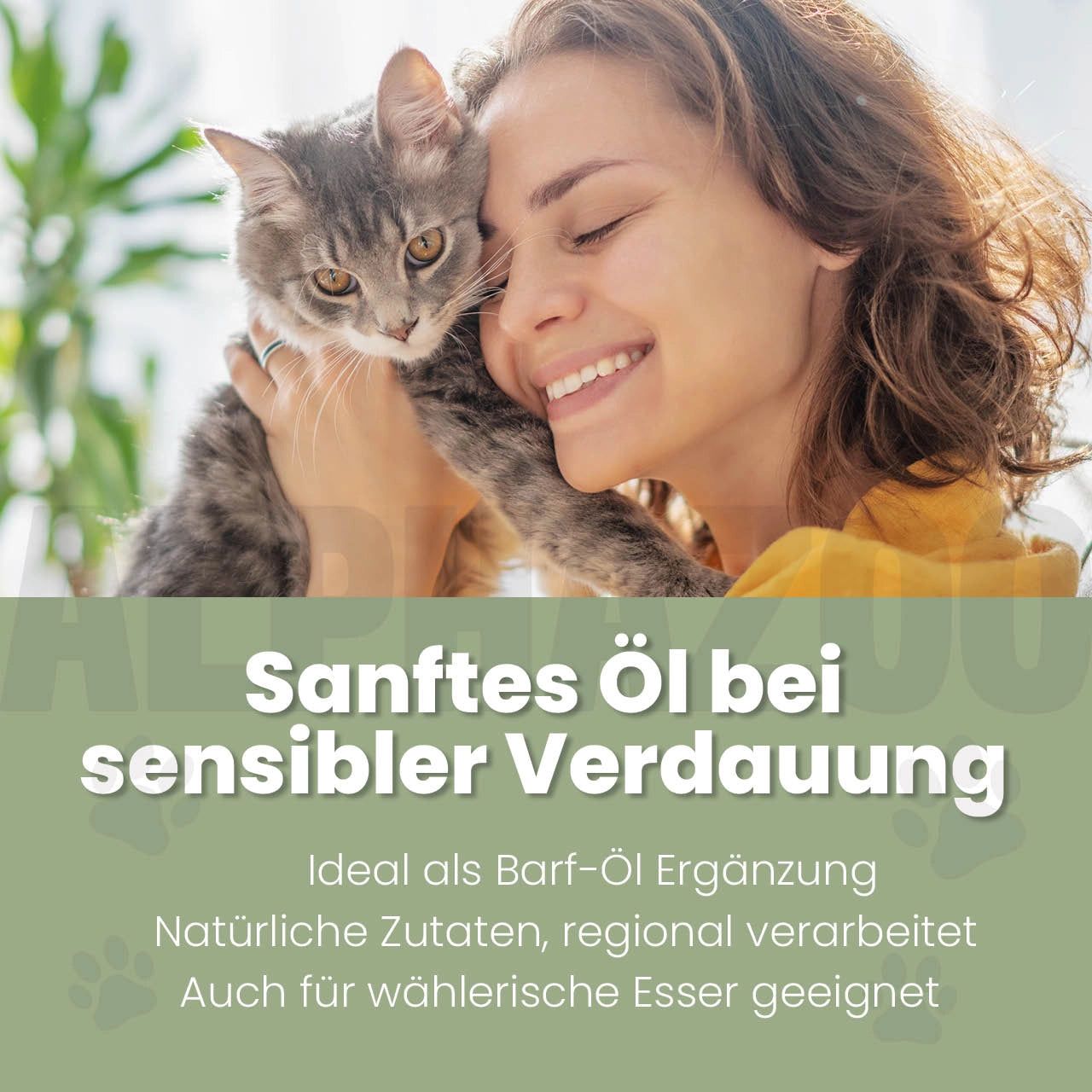 Frau umarmt Katze. Text: Sanftes Öl bei sensibler Verdauung. Ideal als Barf-Öl Ergänzung. Natürliche Zutaten, regional verarbeitet.