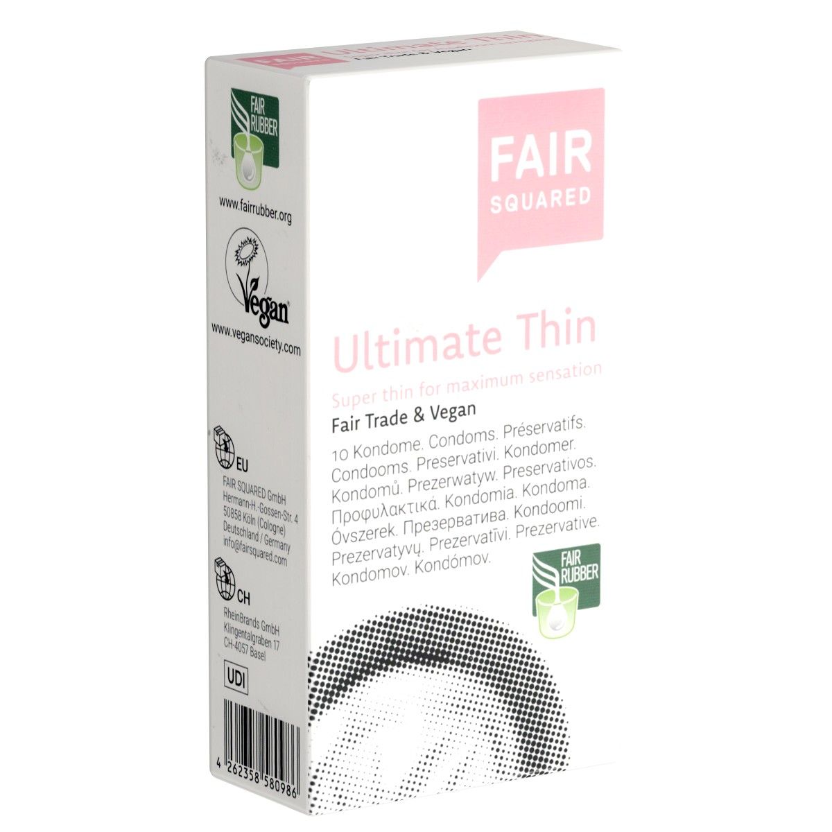 Verpackung von Fair Squared Ultimate Thin Kondomen. 10 Stück, Fair Trade & Vegan.