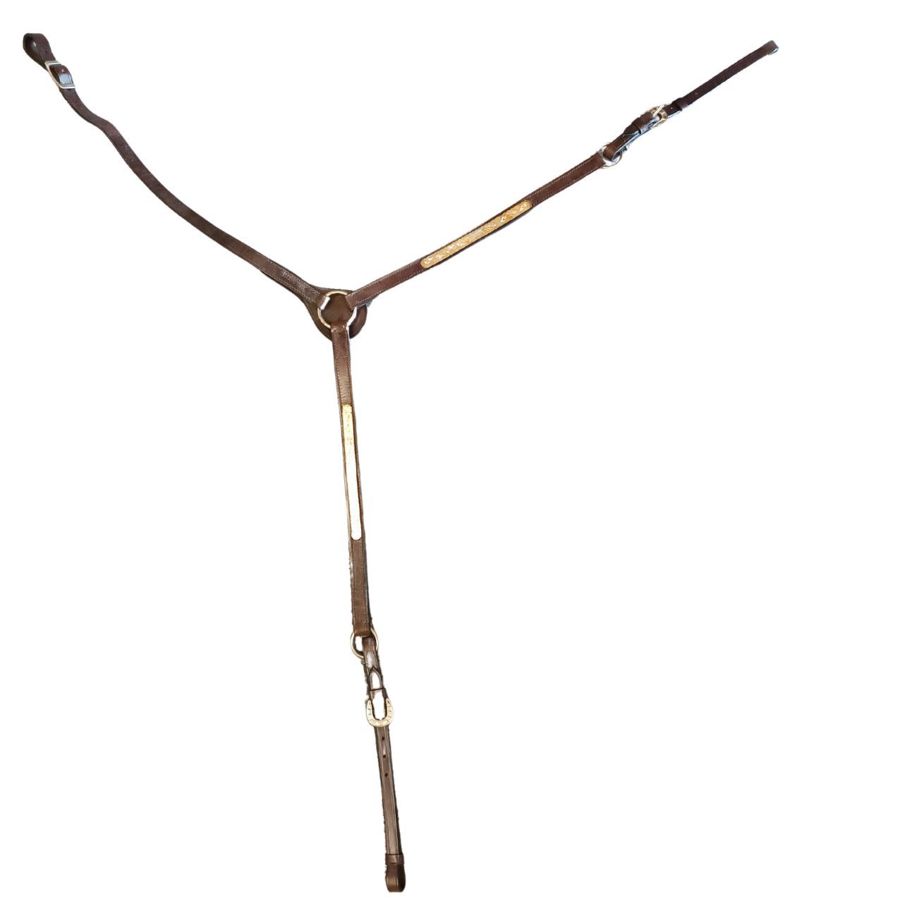 Vorderzeug, braunes Leder, Y-Form. Mit Metallbeschlägen und Ringen. Für Pferde. 