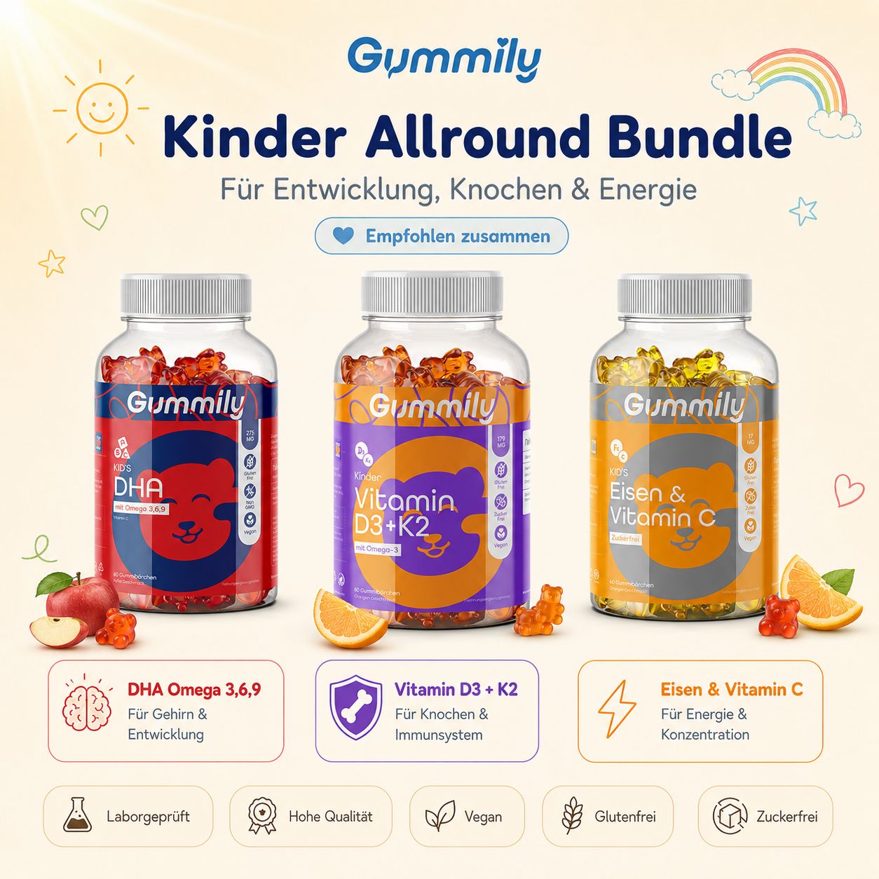 Drei Gummily Flaschen: DHA, Vitamin D3+K2, Eisen & Vitamin C.